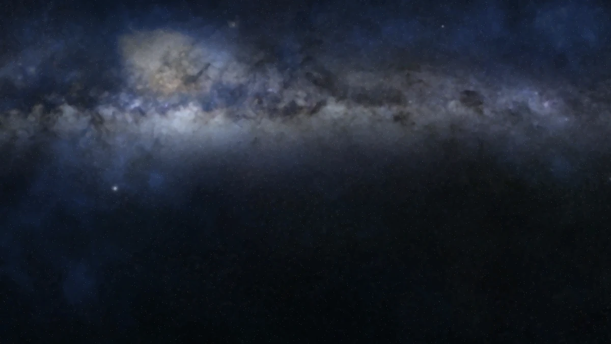 A dark blue starfield with a bright cloudy Milky Way stretching across the upper half.