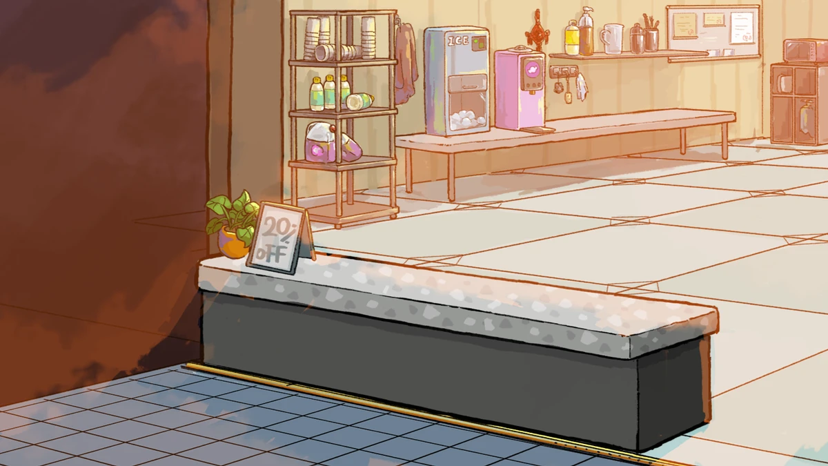 A stylized cartoon beverage shop interior with a large counter, shelves, drinks, and an ice machine.