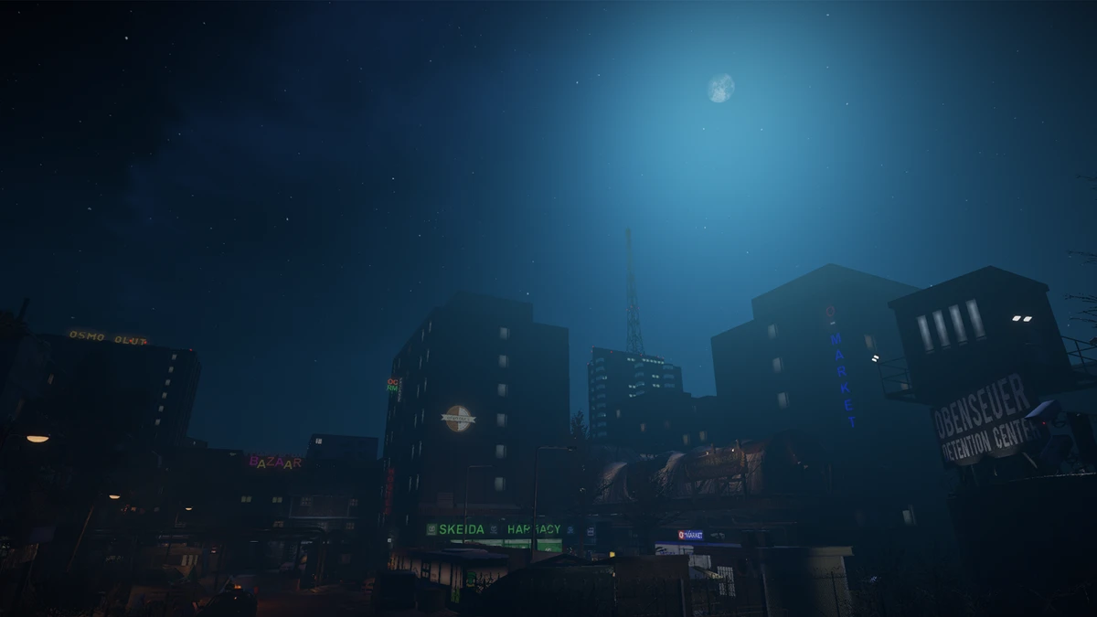 A dark nighttime cityscape in Obenseuer, with apartment buildings, glowing shop signs, and a bright moonlit sky.