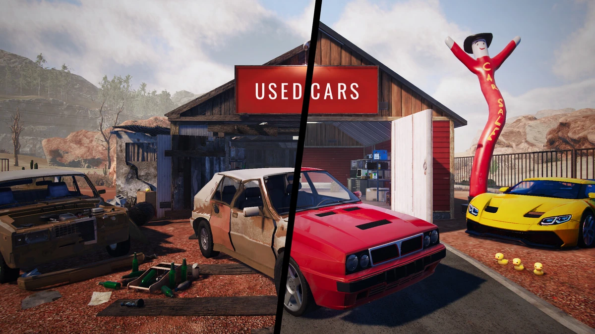 A used car dealership scene with several cars, a red USED CARS sign, an inflatable figure, and three rubber ducks.