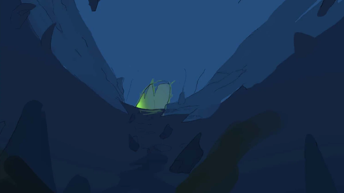A dark stylized blue cave with a glowing green opening at the center.
