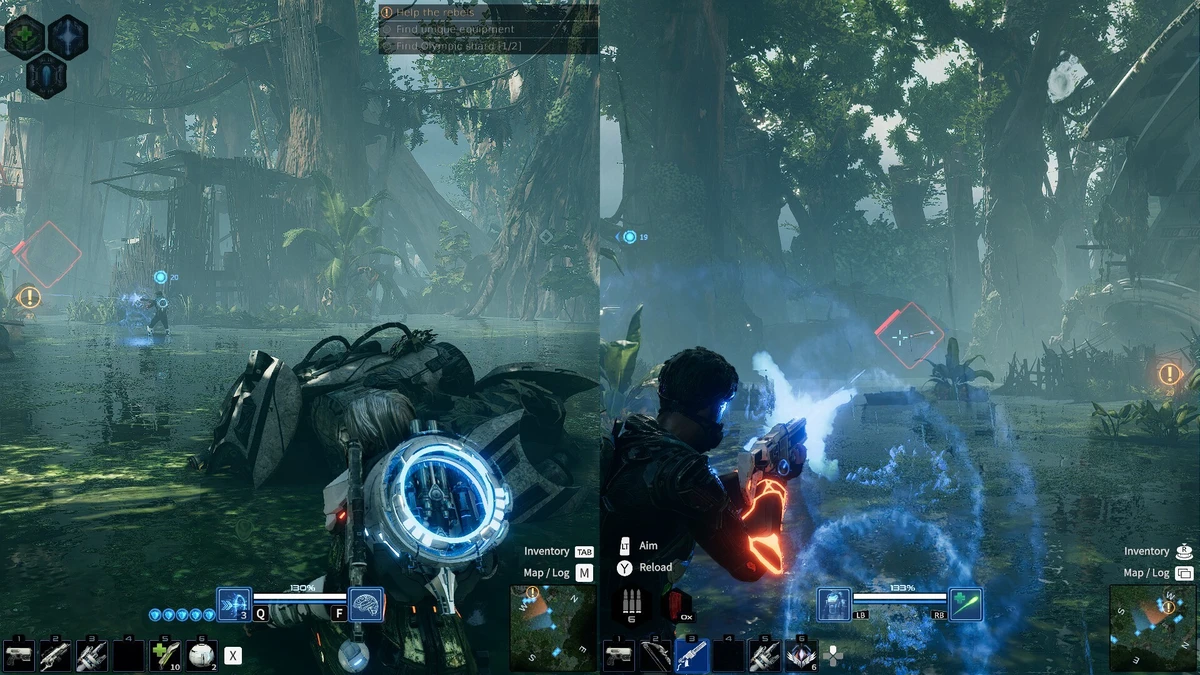 A split-screen gameplay scene showing a character exploring and fighting in a misty jungle swamp with blue energy effects and game HUD elements.