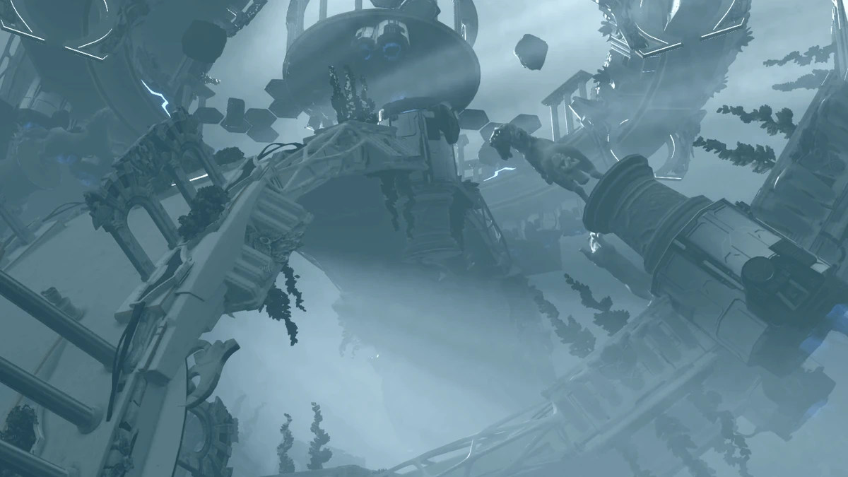 A blue-gray sci-fi fantasy environment with massive floating ruins, circular structures, vegetation, and glowing energy effects.