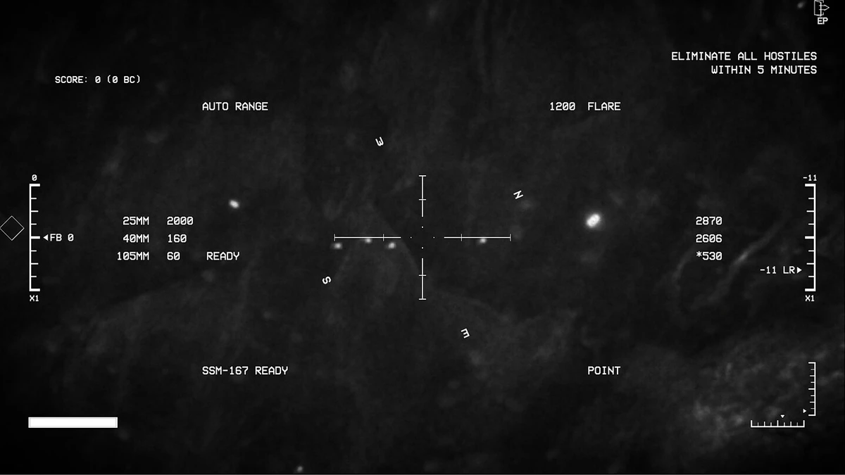 Monochrome infrared aircraft targeting view with a central crosshair, HUD readouts, and scattered ground lights.