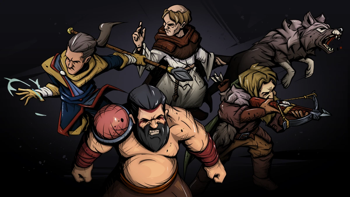 Stylized fantasy characters and a wolf-like creature charging against a dark background.