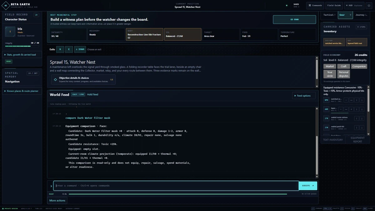 A dark sci-fi game interface showing character status, equipment, world feed, and an event record.