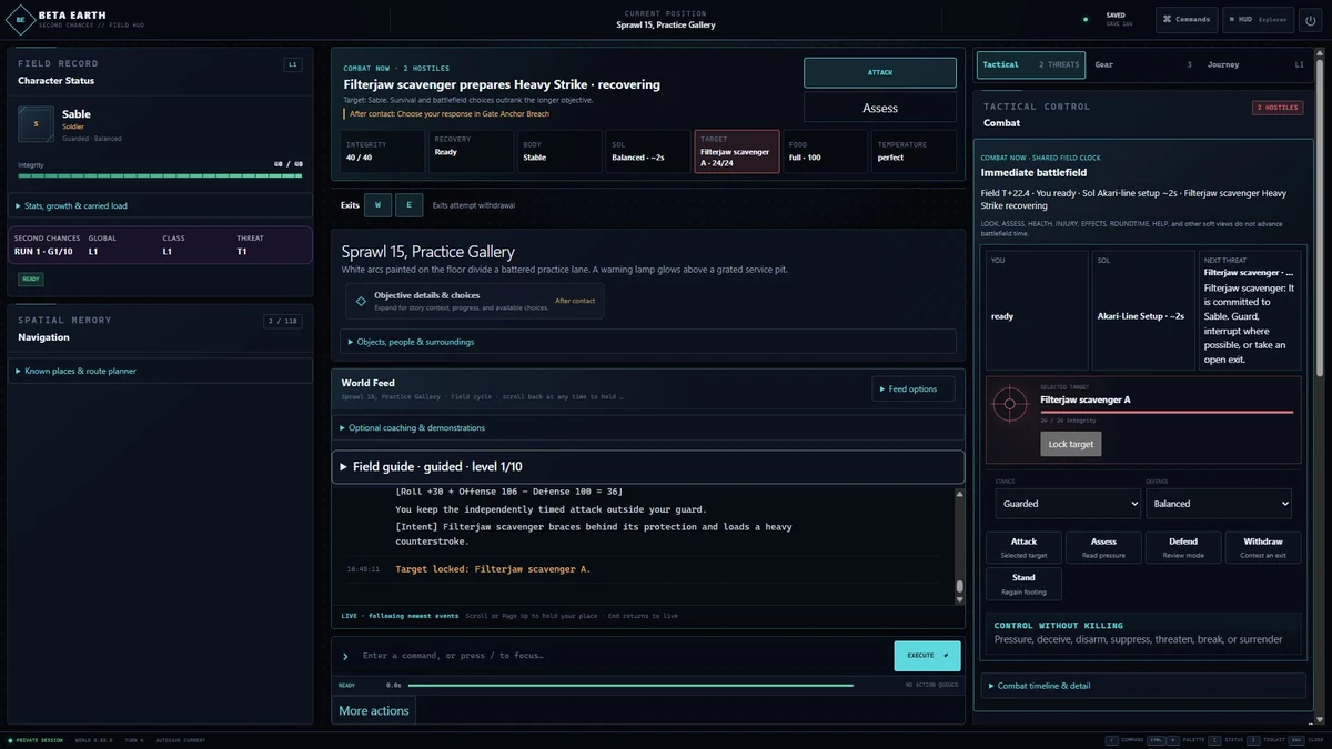 A dark sci-fi tactical game interface showing character status, combat recovery, a target enemy, and tactical control panels.
