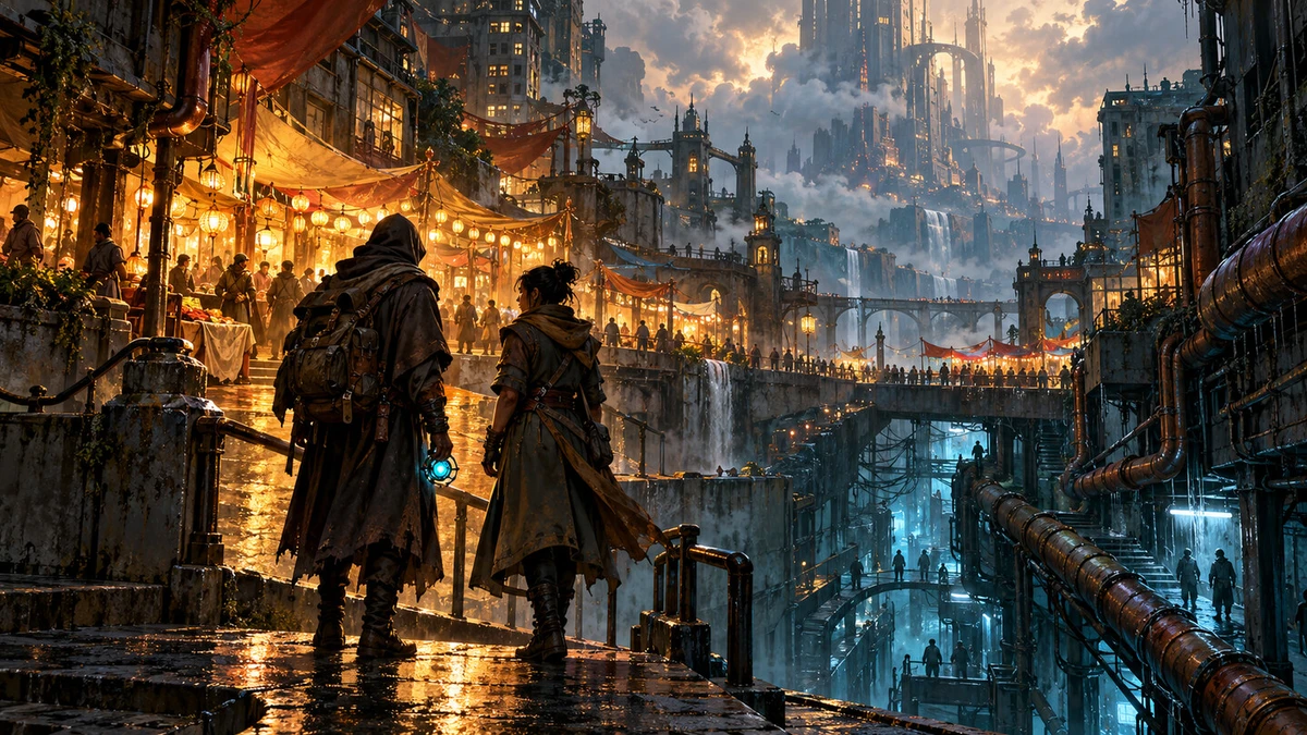 Two adventurers overlooking a lantern-lit industrial fantasy city with towering ruins, bridges, and pipes.