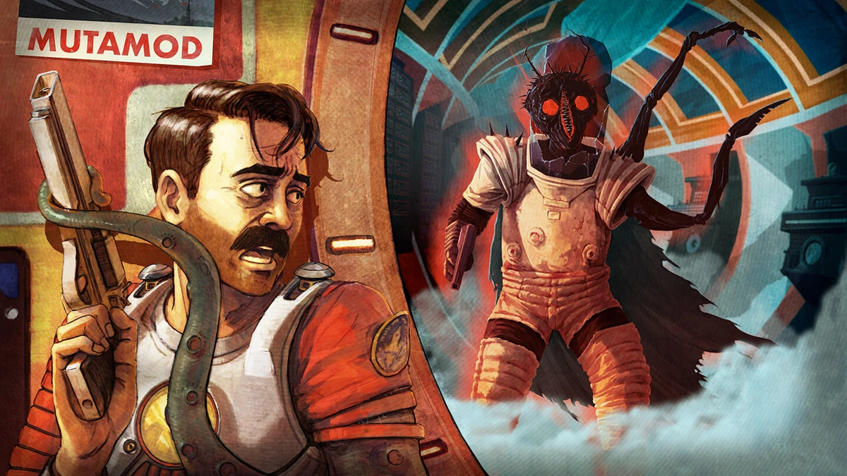 Retro sci-fi artwork showing an astronaut holding a weapon beside a spider-like alien, with “MUTAMOD” text at the top.