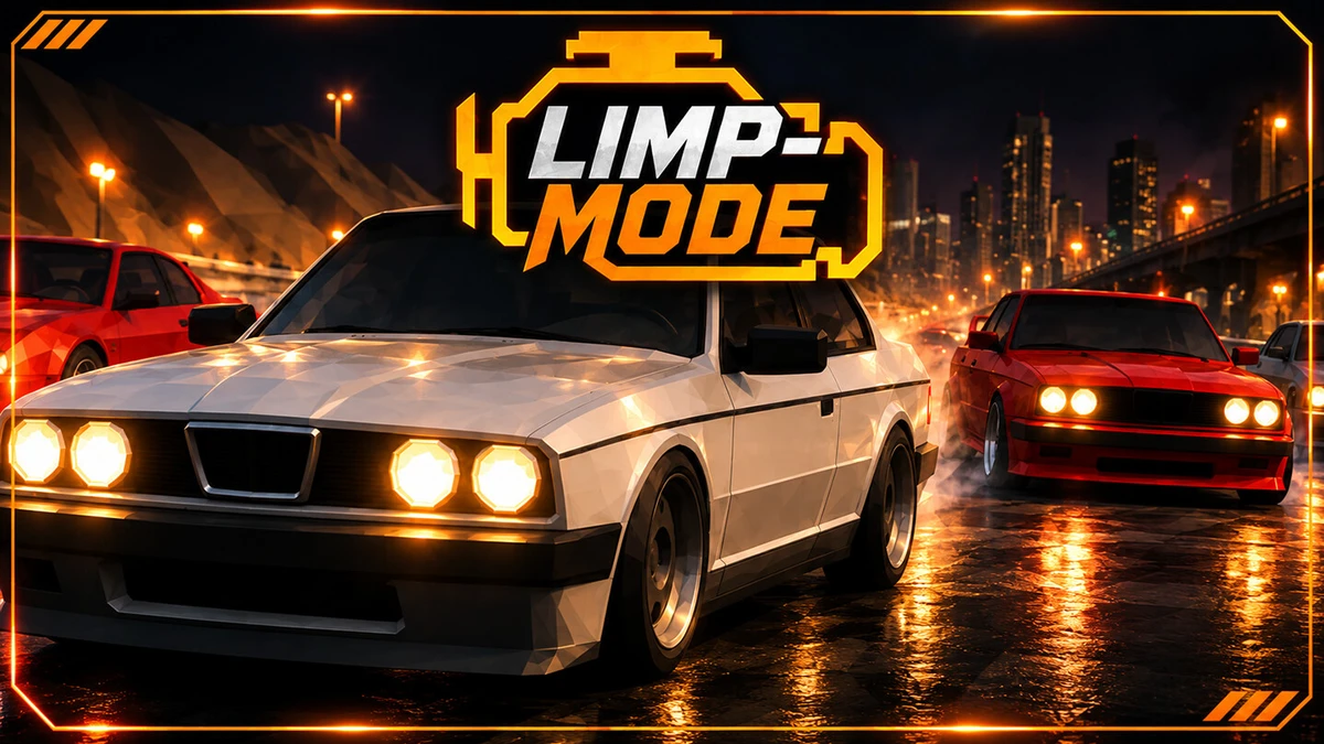 Limp Mode logo over several cars driving on a wet city street at night.