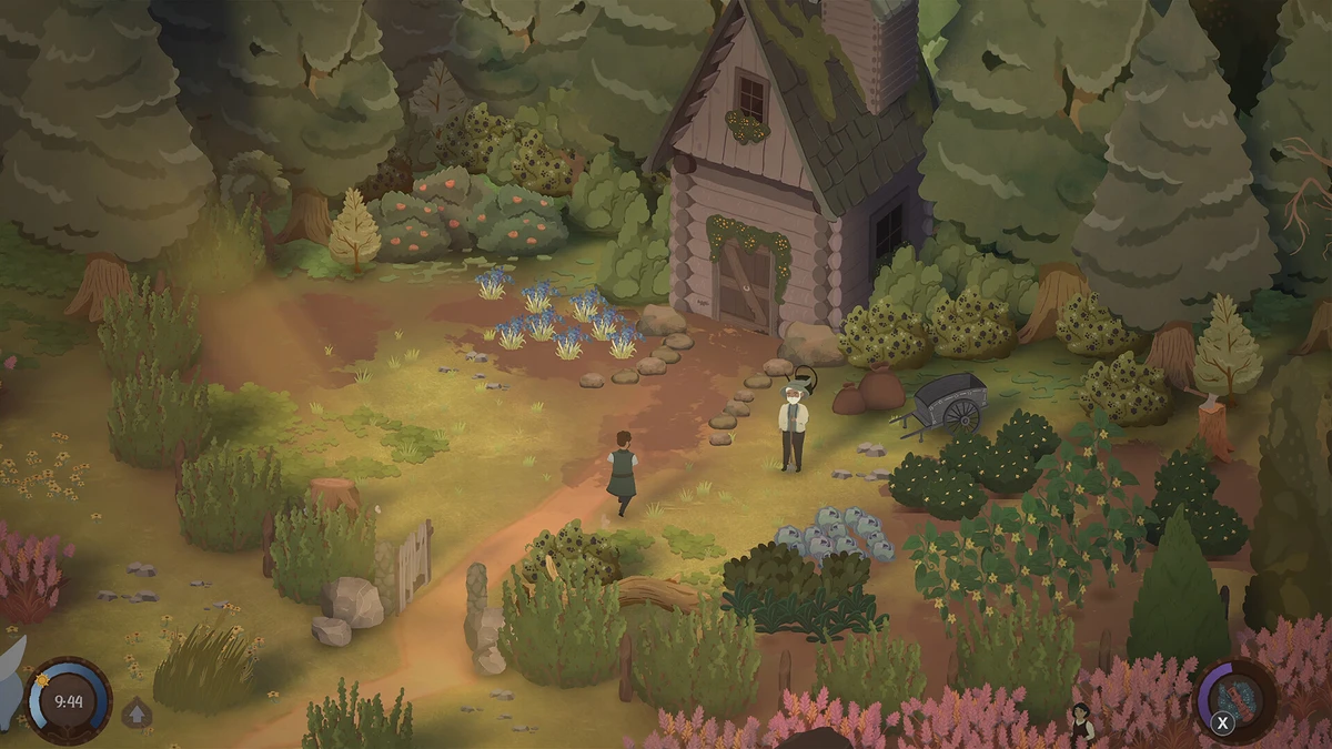 Hand-painted top-down forest village scene with a cottage, garden, flowers, and two characters.