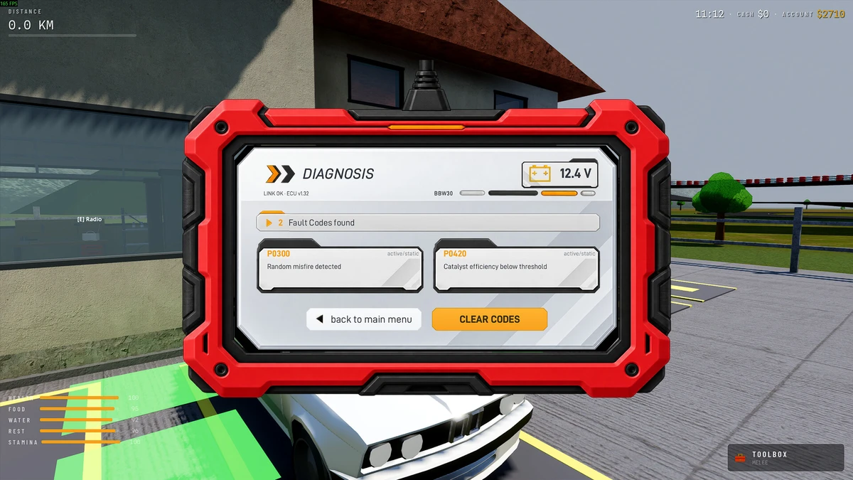 First-person car scene with a red diagnostic tablet displaying vehicle fault codes.