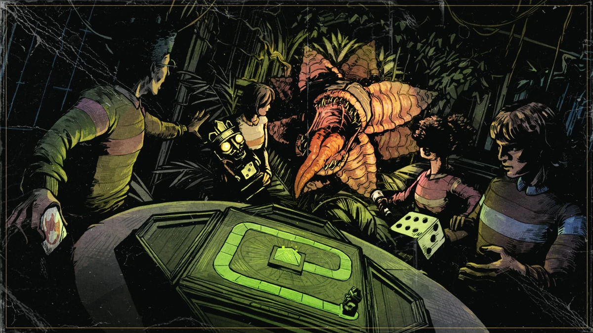 Stylized horror scene with several characters gathered around a table while confronting a large creature in a dark jungle-like setting.