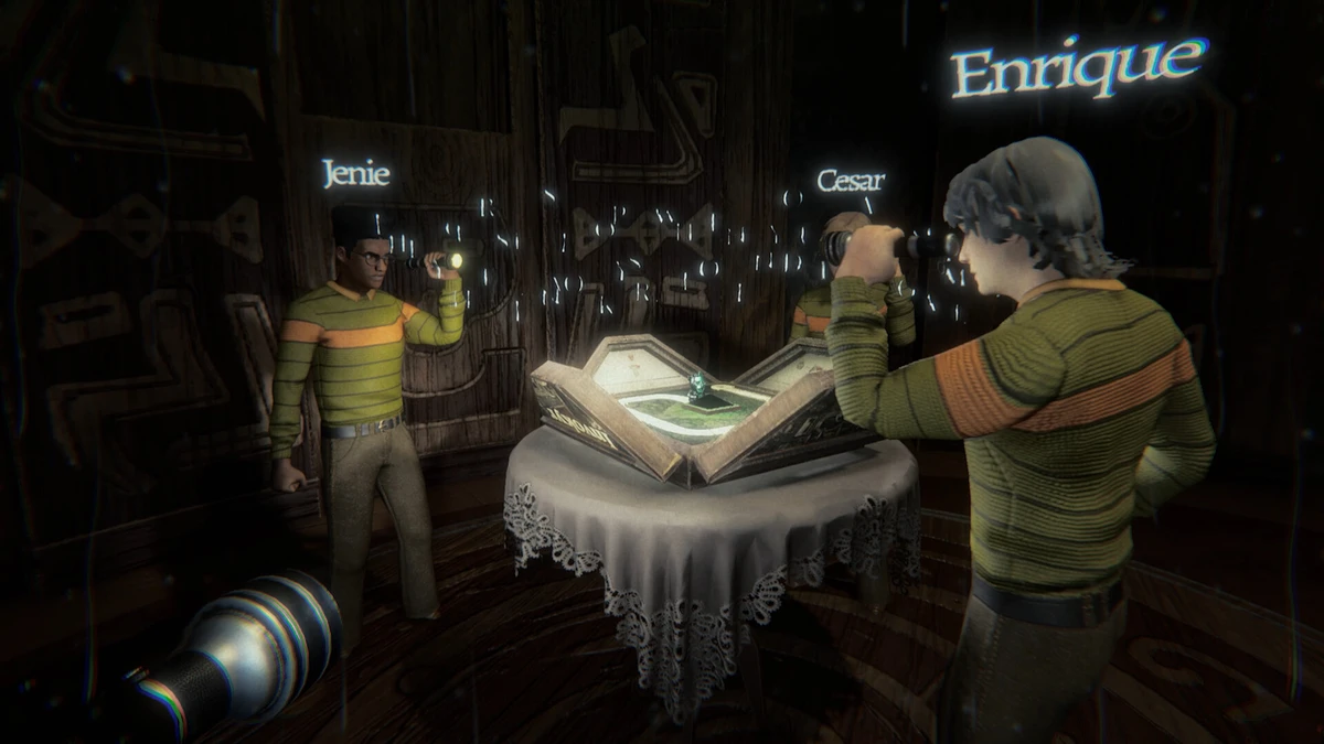 Three players explore a dark manor around an open book on a table, with character names visible above them.