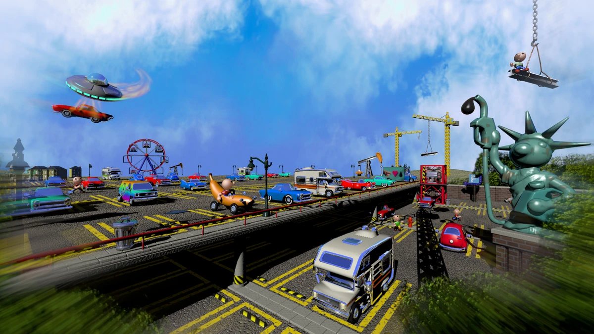 A colorful stylized parking lot filled with cars, amusement structures, construction cranes, and a large statue under a blue sky.