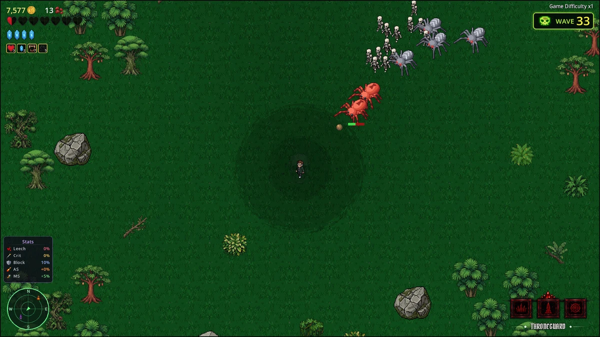 Top-down pixel-art gameplay in a forest clearing, with a small player character facing skeletons and red spiders, plus wave and resource HUD elements.