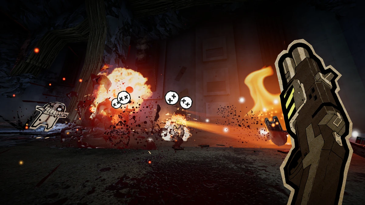 Stylized first-person shooter scene with a giant cartoon foot weapon, explosions, enemies, and gunfire in a dark industrial environment.