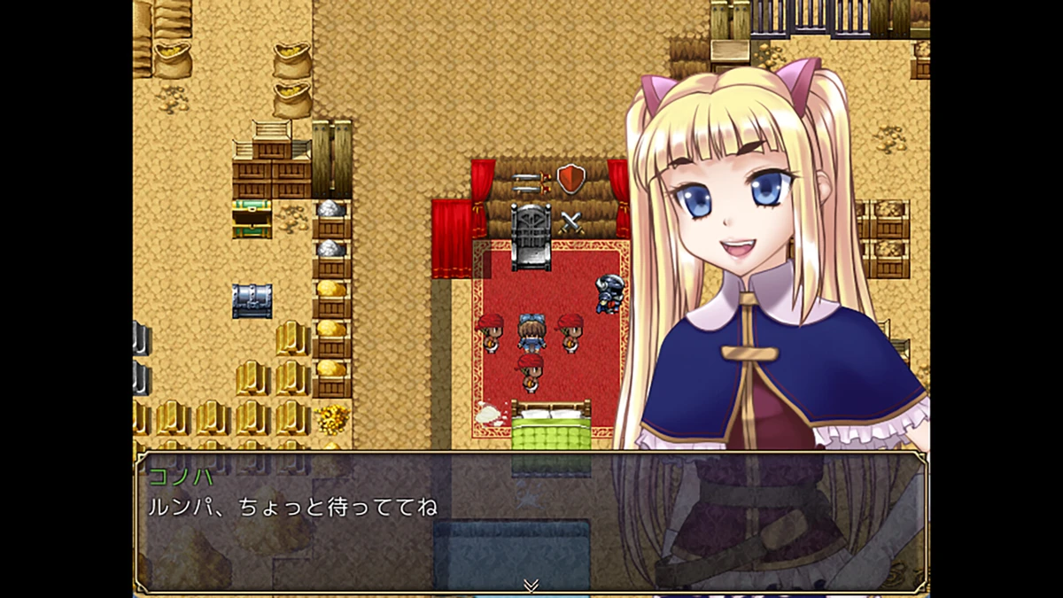 Anime RPG girl speaking in a castle room over a pixel-art game scene