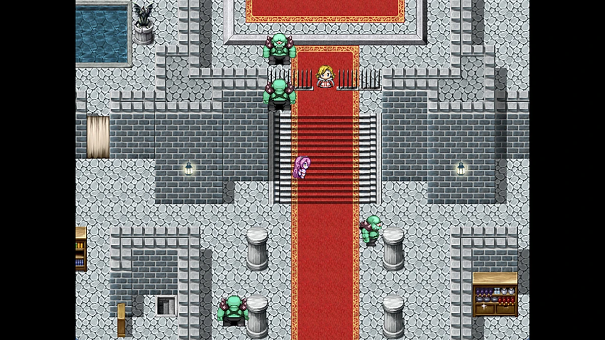 A top-down pixel-art castle hall with a red carpet, stone walls, stairs, guards, shelves, and a small purple-haired character.