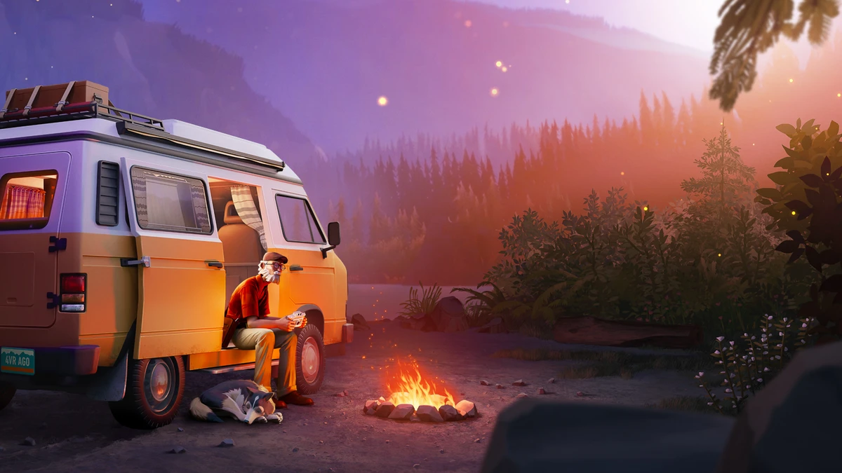 An elderly man sits beside a camper van and campfire with a dog in a colorful forest at dusk.