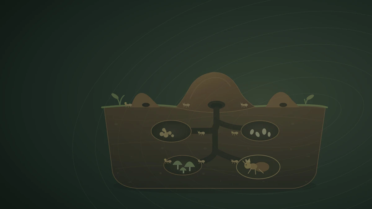 Dark green illustration of an underground ant colony with ants, chambers, eggs, mushrooms, and tunnels.