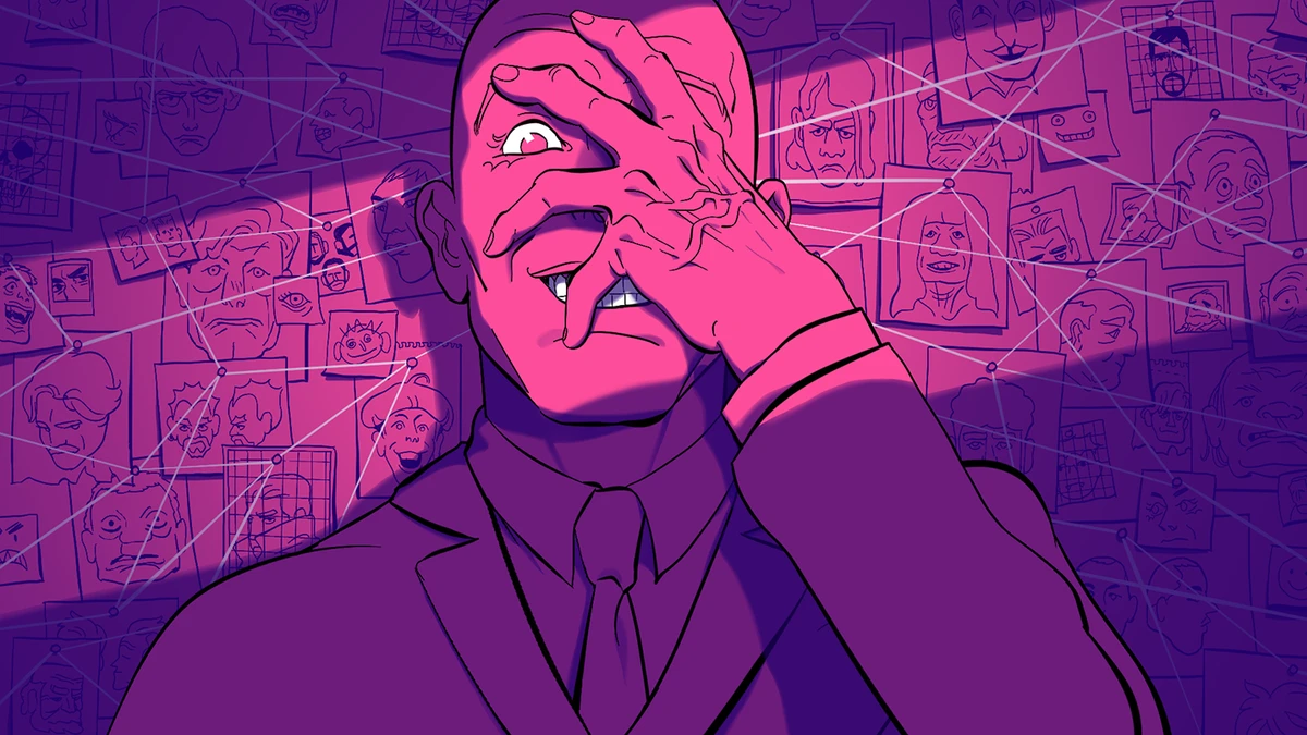 Stylized purple and pink character covering his face in front of a wall of connected sketches.