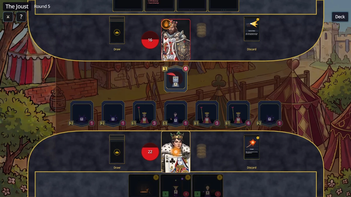 A medieval card battle game screen showing two opposing royals, card piles, combat cards, and a colorful jousting arena.