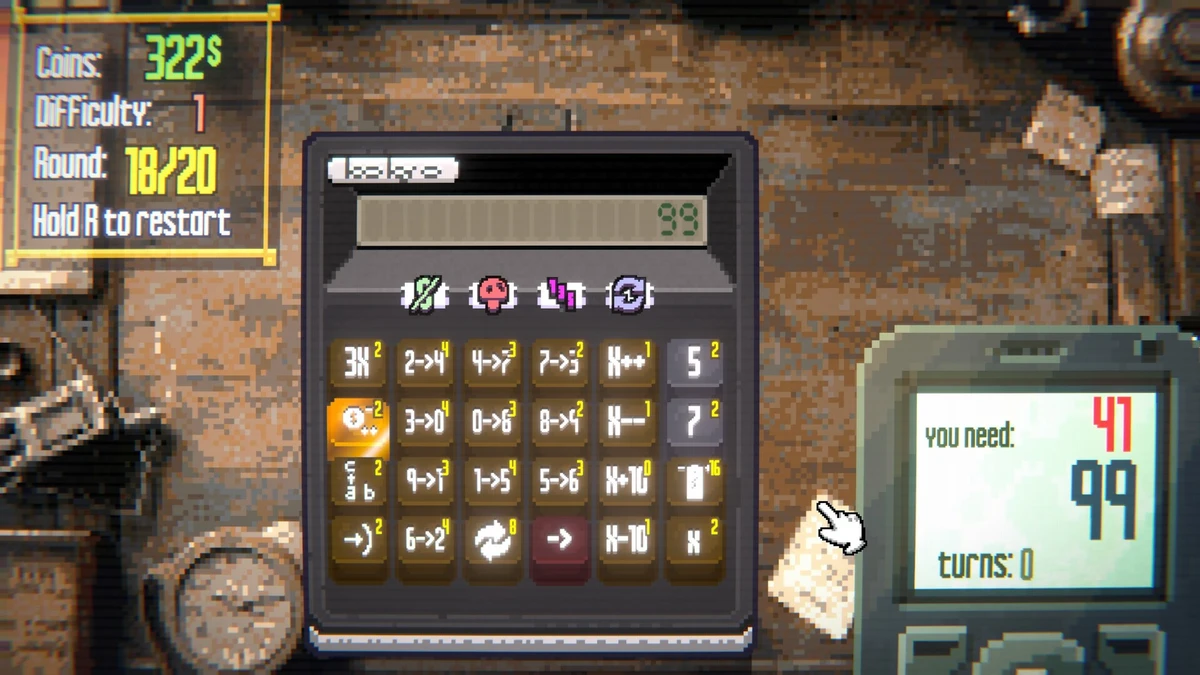 Pixel-art calculator game screen with a large central calculator, game statistics on the left, and a target-number display on the right.