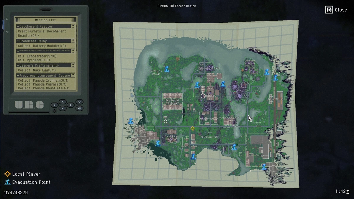 A gameplay map screen showing a forest region, mission list, labeled locations, evacuation points, and a URC interface.
