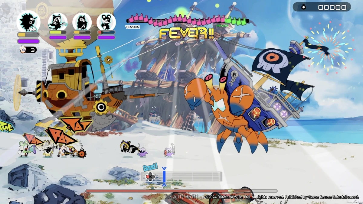 Colorful Ratatan gameplay scene with cartoon characters, a flying ship, enemies, combat HUD, and a prominent FEVER indicator.