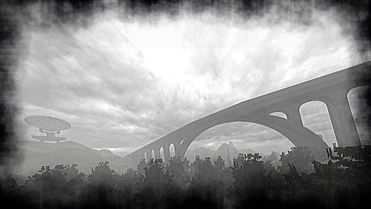 Monochrome landscape with dense trees, distant mountains, and a massive futuristic arched structure under a cloudy sky.
