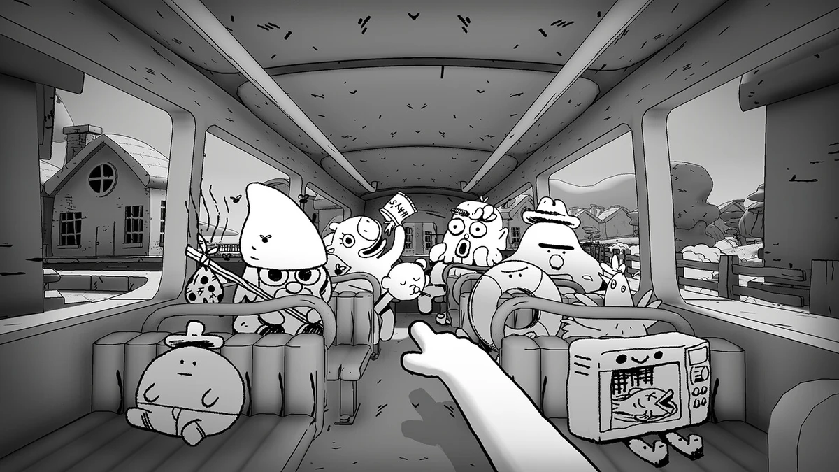 Black-and-white cartoon passengers riding inside a bus.