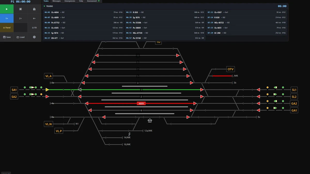 Dark railway control game interface with a train timetable board at the top and a signal-filled station track diagram below.