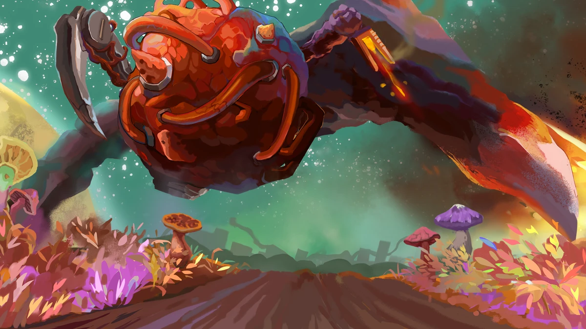 A colorful stylized giant insect-like creature flies above a vibrant alien landscape with mushrooms and plants.