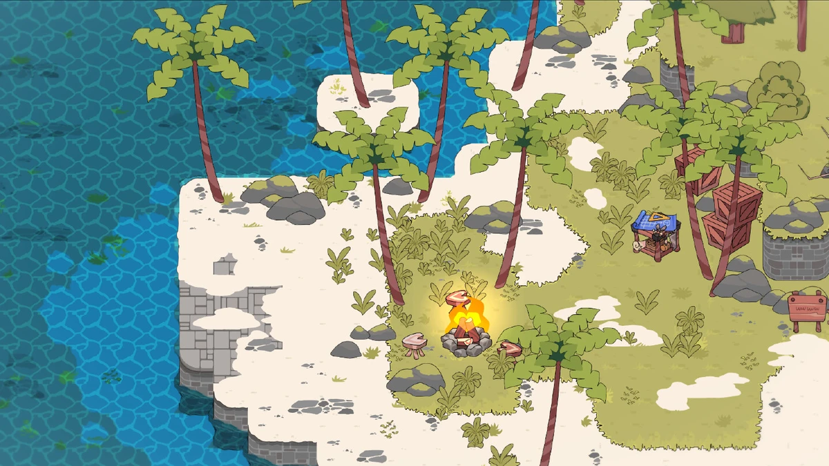 Top-down illustrated tropical island with a beach, palm trees, campfire, crates, and grassy paths.