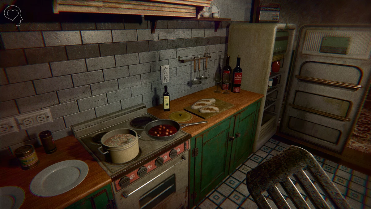 First-person horror game kitchen with a stove, cookware, food, bread, wine bottles, and a visible gloved hand.