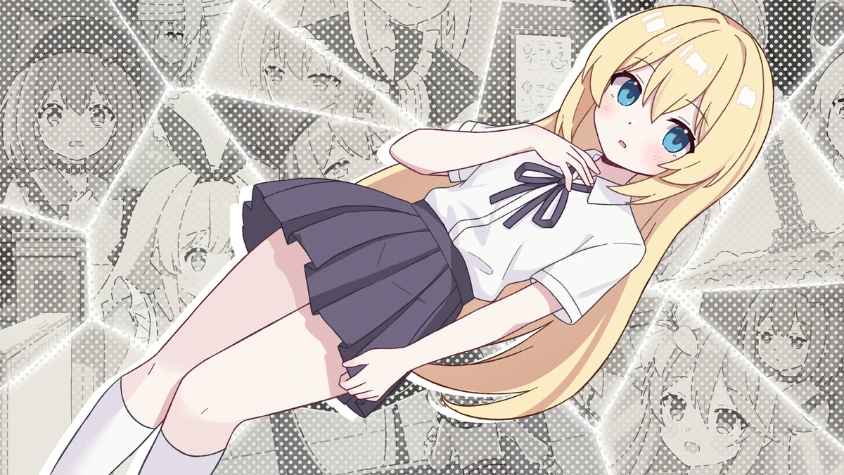 Anime-style blonde girl with blue eyes reclining in front of a monochrome collage of character portraits.