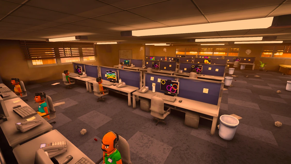 Stylized office interior with cartoon workers wearing headsets at computer desks.
