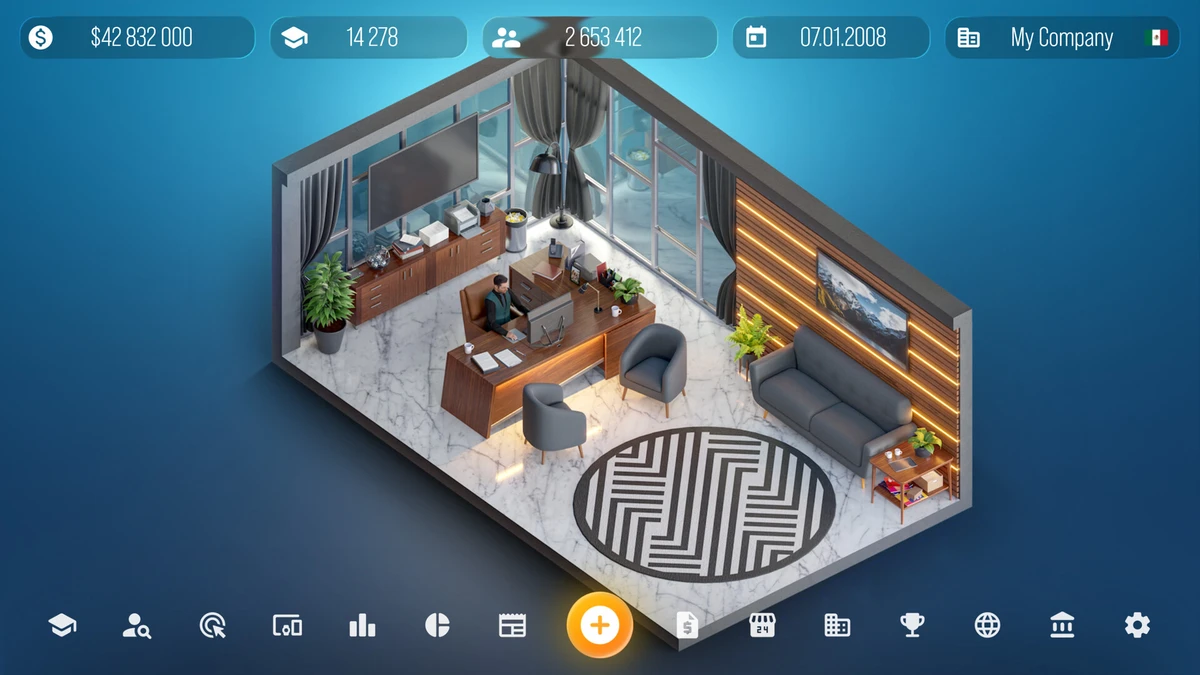 Isometric tech company office scene from a business simulation game, with money and management HUD bars.