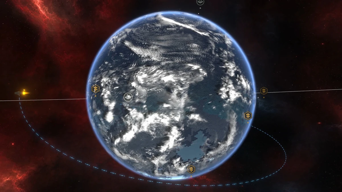 A detailed planet surrounded by orbital paths and location markers in deep space.