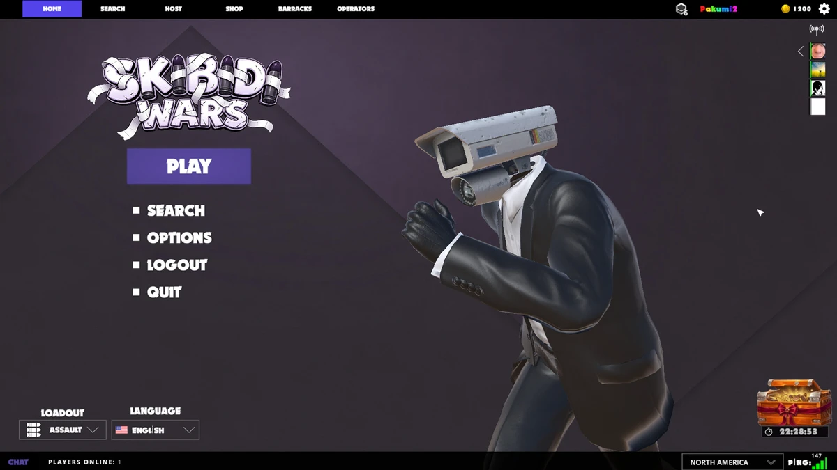 Skibidi Wars main menu with a suited camera-headed character and large PLAY button.