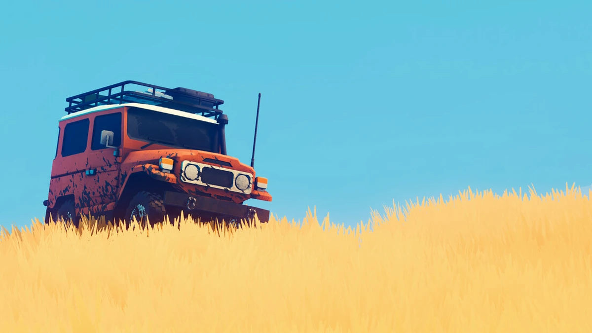 A stylized orange off-road vehicle driving through tall golden grass beneath a bright blue sky.